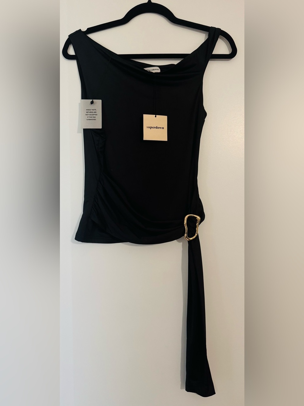 NWT Superdown Black Asymmetrical Ruched Top w/ Gold Hardware and sash - Size L